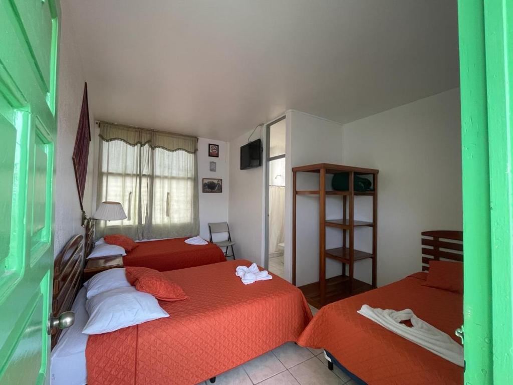 弗洛勒斯萨瓦纳酒店的一间卧室配有两张红色床单