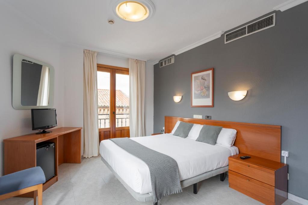 托罗Hotel Alda Ciudad de Toro的一间卧室配有一张床、一台电视和一张四柱床。