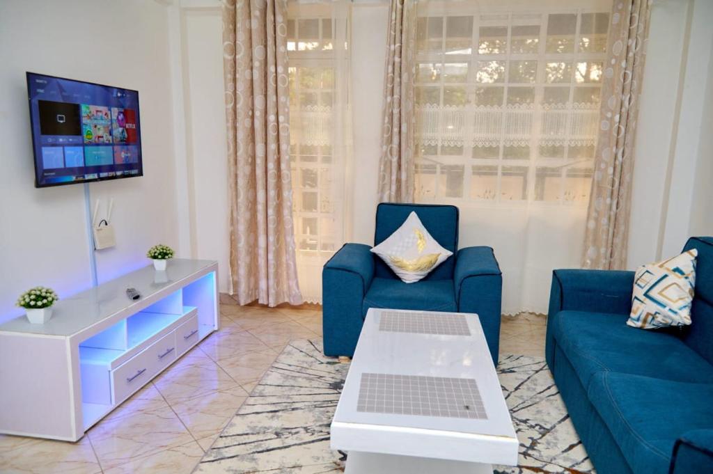 纳纽基Olivet Homes的客厅配有2张蓝色沙发和电视