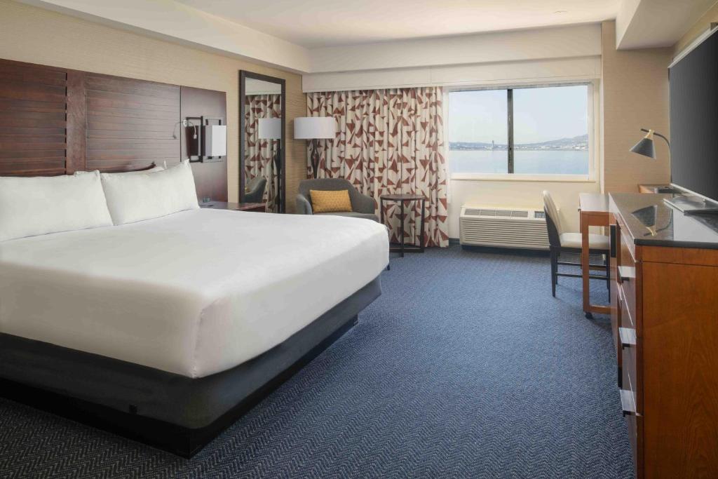 伯林格姆三藩市机场希尔顿逸林酒店的配有一张床和一张书桌的酒店客房