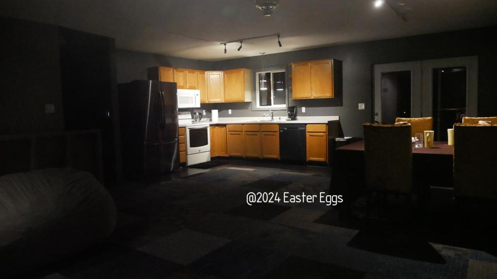 罗切斯特Easter Eggs duplex的厨房配有木制橱柜和黑色冰箱。