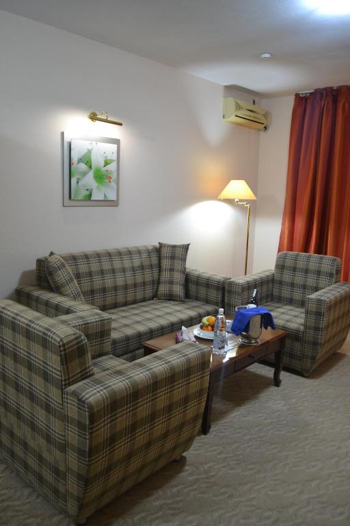 阿特劳腾格里酒店的客厅配有两张沙发和一张咖啡桌