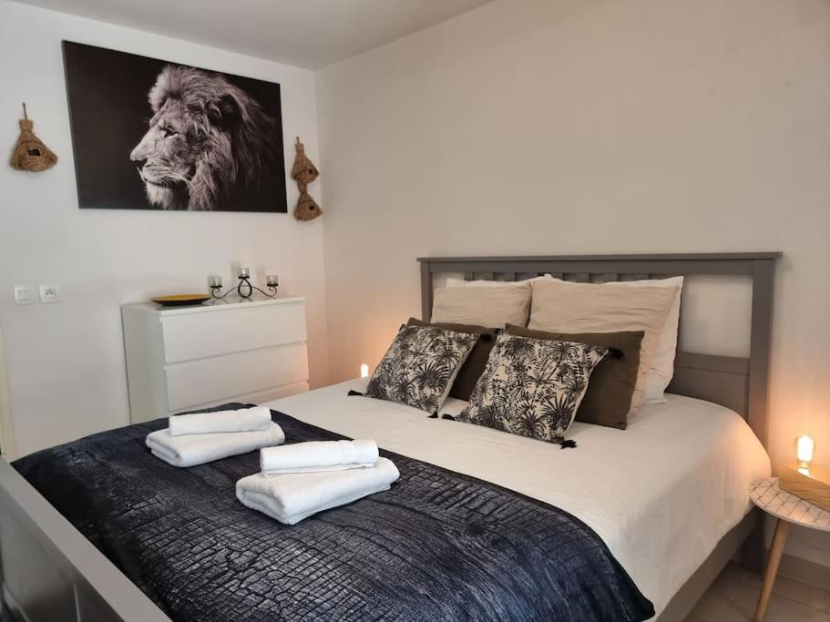 圣雷米普罗旺斯Appartement 2 pers, terrasse, piscine, parking的一间卧室配有带毛巾的床