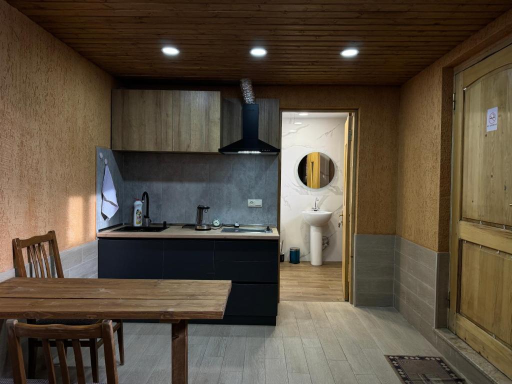 卡兹贝吉cozy apartments kazbegi的厨房配有桌子、水槽和卫生间