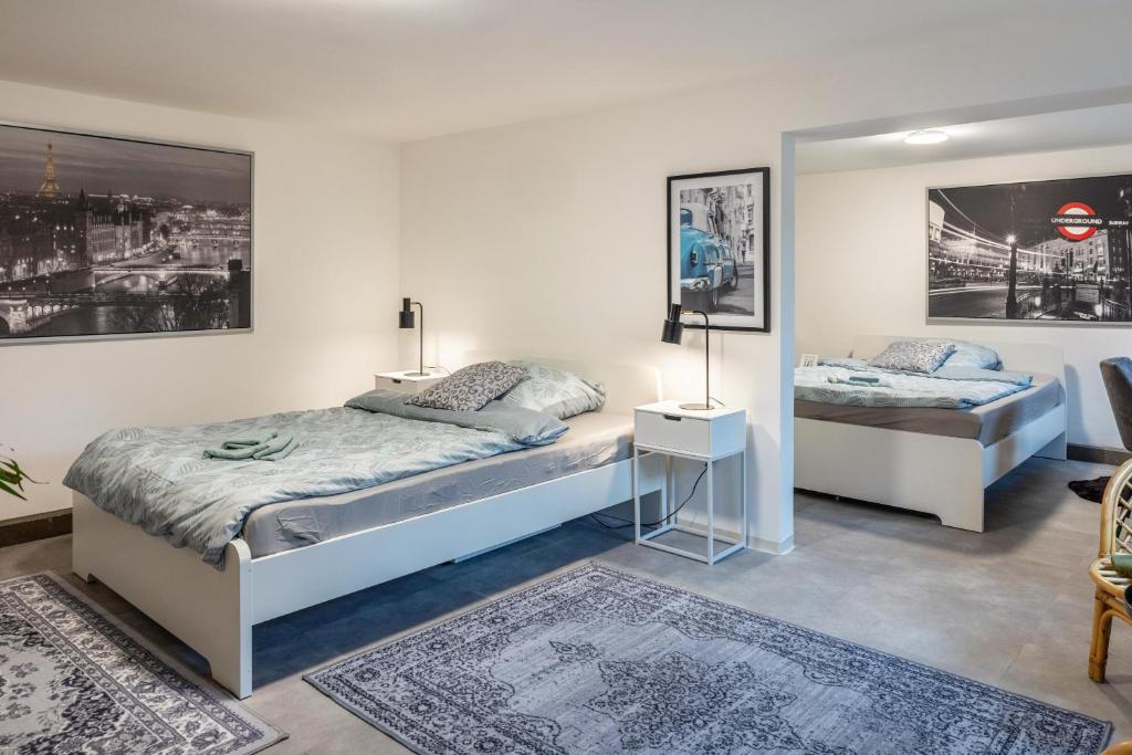 奎克博恩Gemütliche Unterkunft mit Terrasse的一间卧室配有两张床和镜子