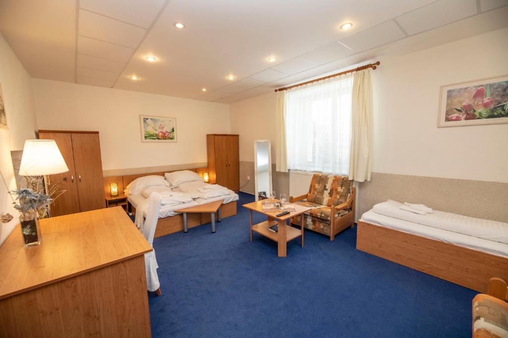 Drnovice阿尔维特酒店的一间医院间,配有两张床和一张桌子