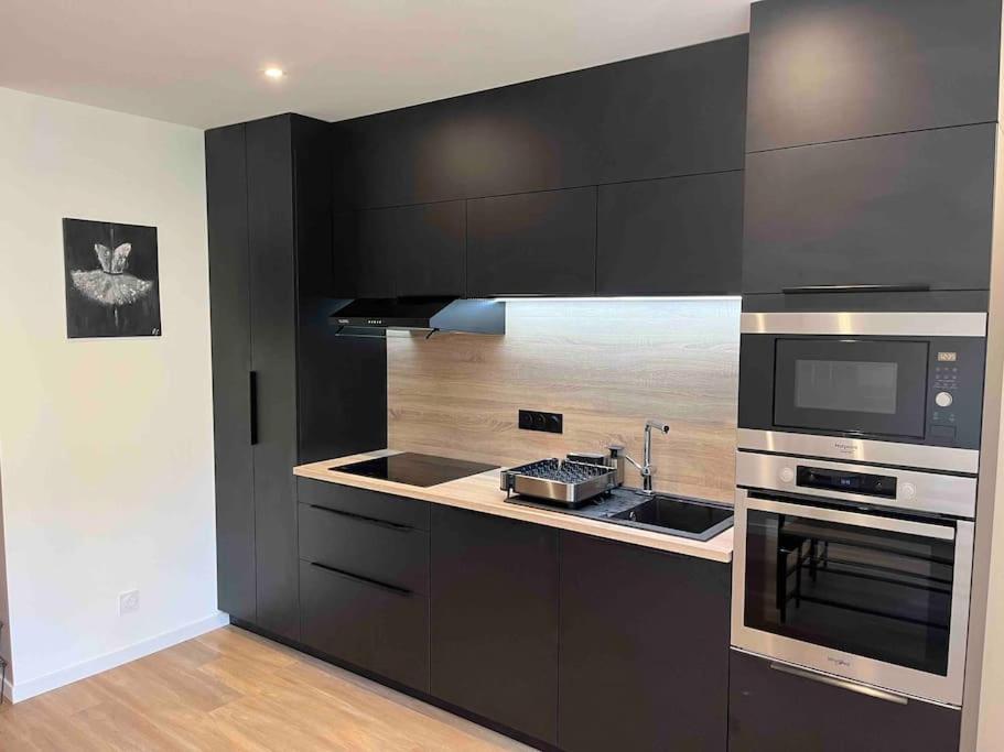 圣艾蒂安Appartement Saint-Etienne hyper centre的厨房配有黑色橱柜、水槽和微波炉