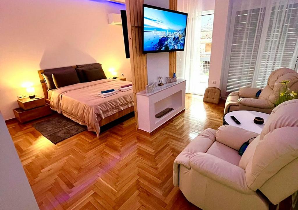 雅典Sea View Studio的一间卧室配有一张床和一台平面电视