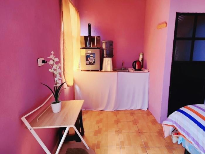 克萨尔特南戈Posada doña Nidia的一间设有粉红色墙壁和一张带花卉的桌子的房间