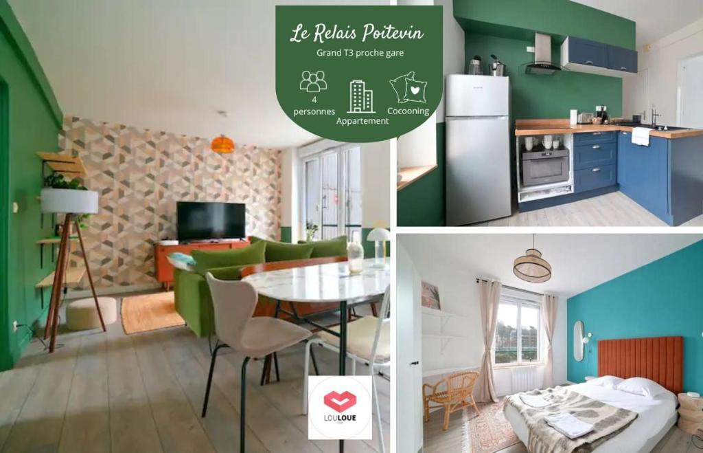 普瓦捷Le Relais Poitevin - Grand T3 proche gare的厨房以及带绿色墙壁的起居室。
