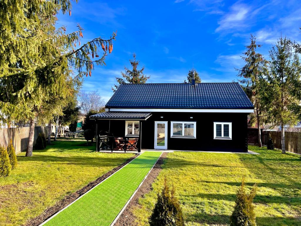 穆列什河畔圣乔治乌Vila Scandinavia的蓝色屋顶的黑色房子