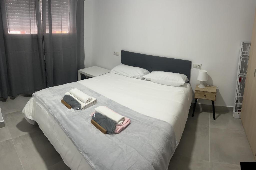 马拉加Apartamento Tejares 2B的一间卧室配有一张大床和两条毛巾