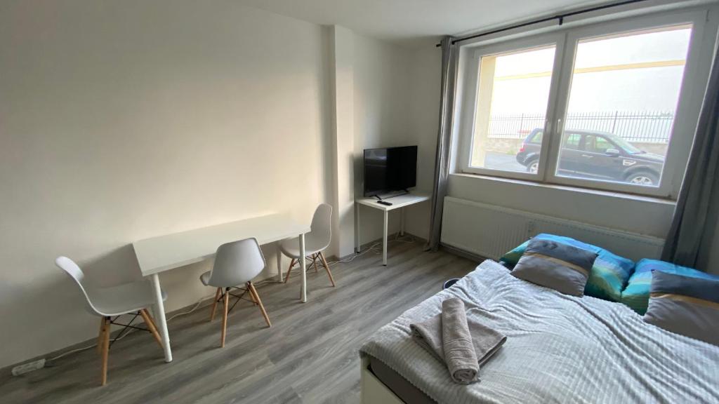 布拉格NOVÝ krásný apartmán - 15 min od centra的一间卧室配有一张床、一张书桌和一个窗户。