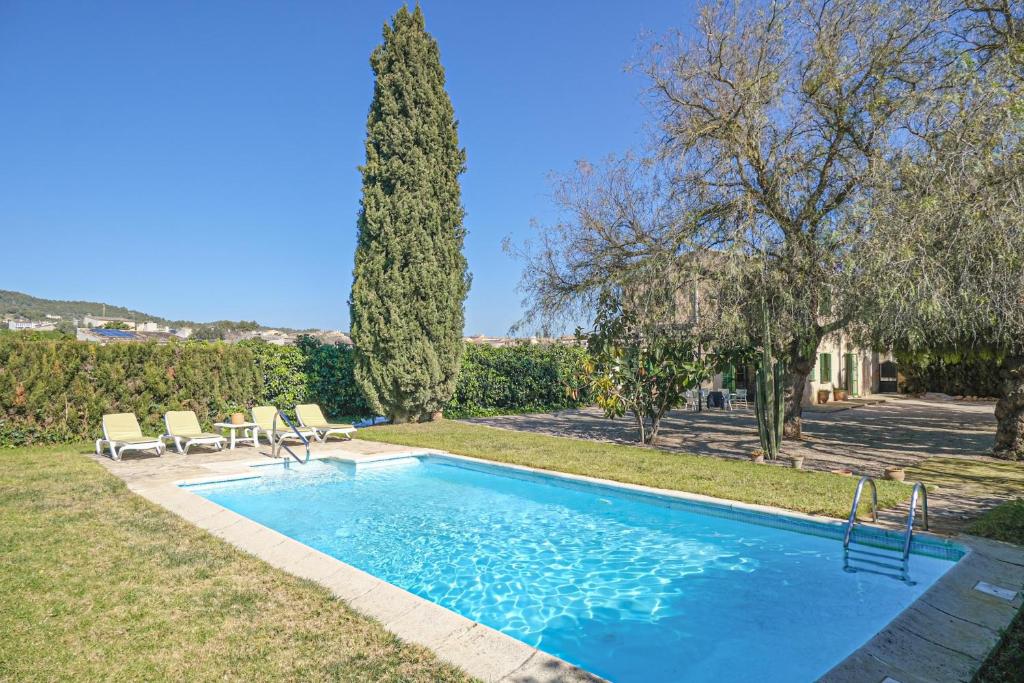 维拉弗兰卡德博纳尼Finca la Finquita by Rentallorca的庭院内的游泳池,带椅子和树木