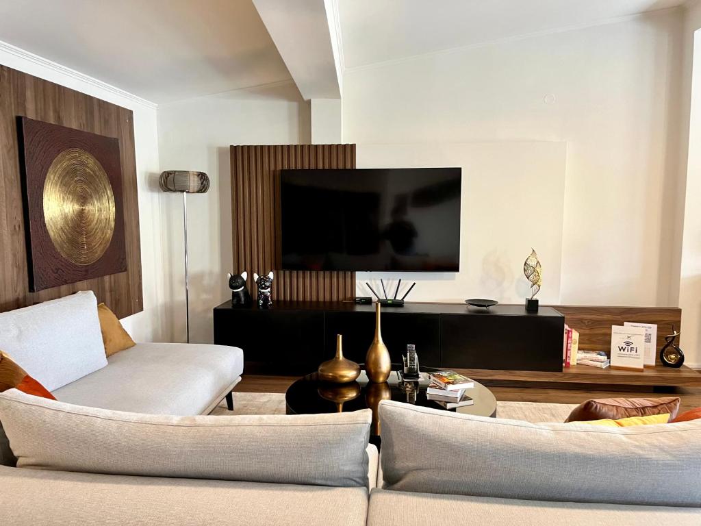 亚历山德鲁波利斯ZEN Apartments的带沙发和平面电视的客厅