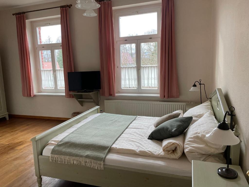 博尔纳Hotel zur Schlossmühle的一间卧室配有一张带两个窗户的床