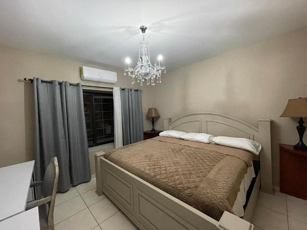 特古西加尔巴Quinta Vela Hotel的一间卧室配有一张大床和一个吊灯。