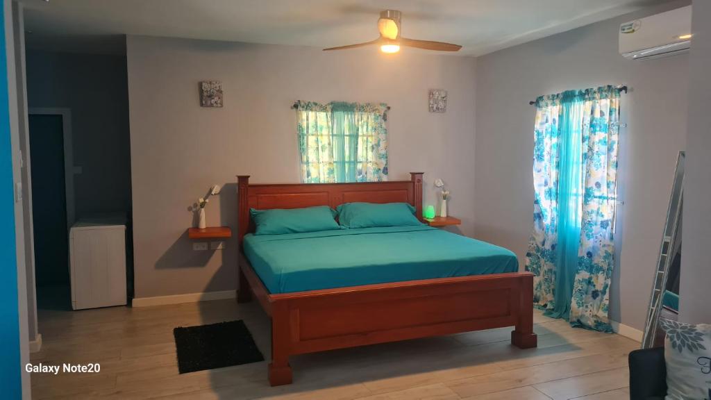 Hyde ParkCoconut Creek Apartments Beautiful Spacious Studio的一间卧室配有一张带蓝色床单的床和风扇