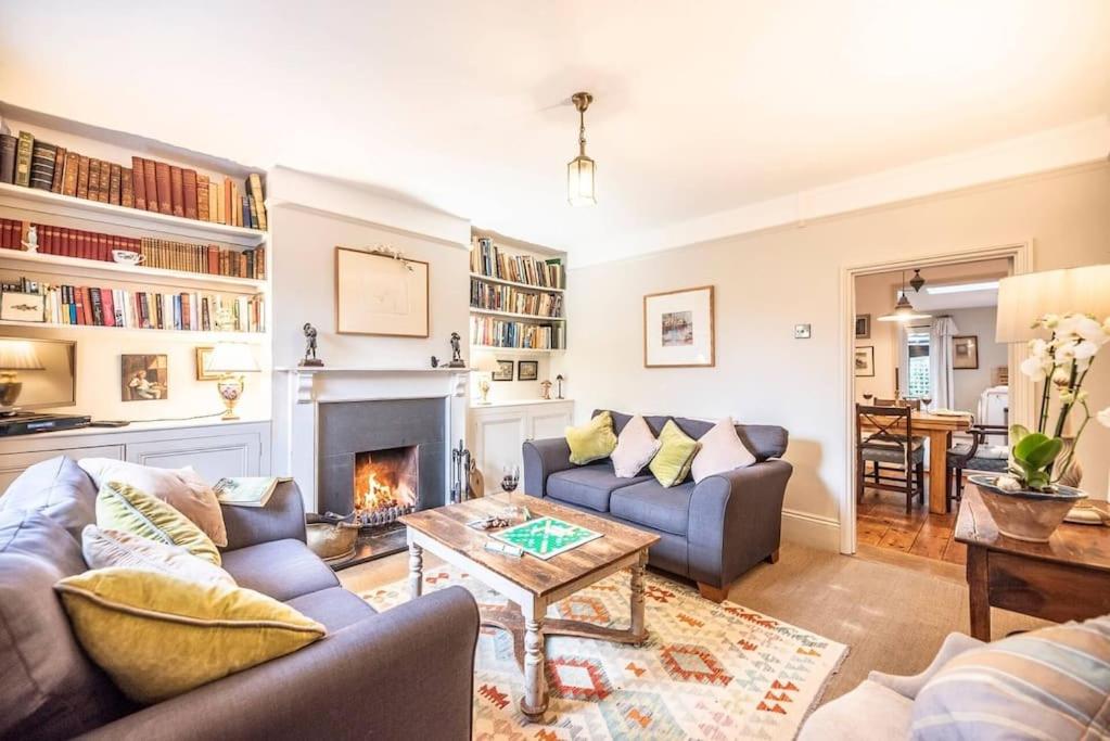 伍德布里奇Mole Cottage, Orford的客厅设有两张沙发和一个壁炉