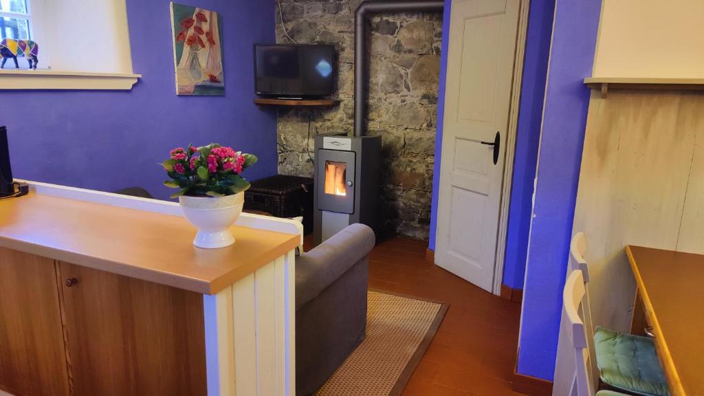 MelschedeIdyllische Alte Schmiede beim Sorpesee的客厅设有紫色墙壁和鲜花桌