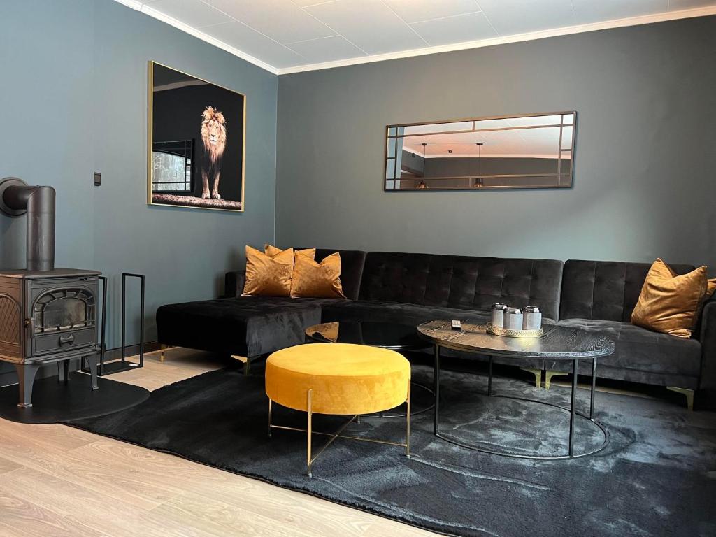 RjukanRjukan Sentrum Apartments NO 1的客厅配有黑色沙发和桌子