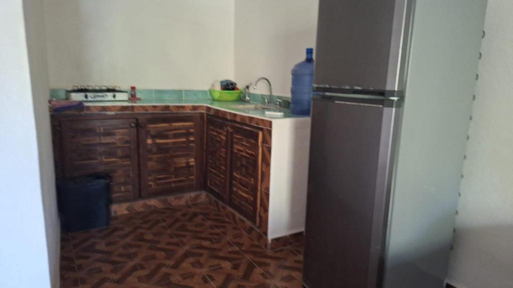 TemalhuacánChuchosmom room 3的厨房配有木制橱柜和冰箱。