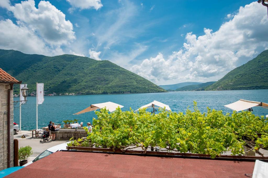帕里斯特金帝酒店和餐厅的享有以山脉为背景的湖泊美景