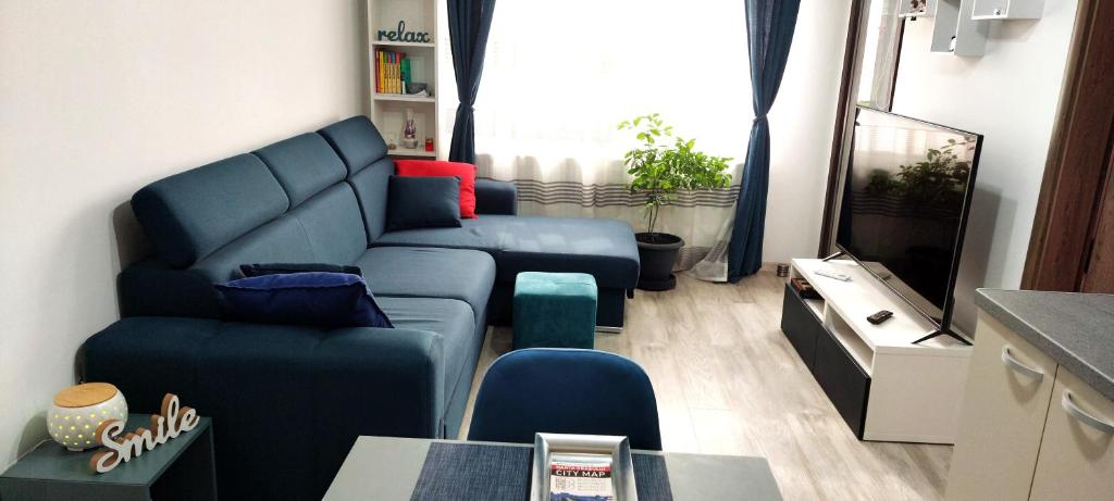 布加勒斯特LittleBIG Apartment的客厅配有蓝色的沙发和电视
