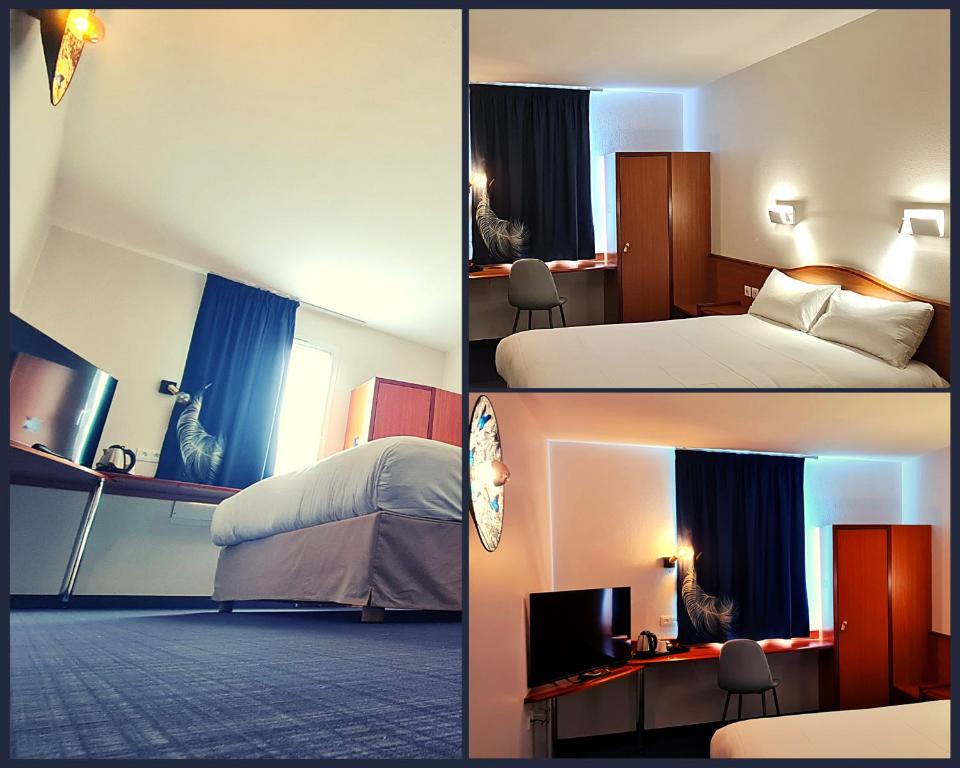 罗德兹Deltour Hôtel - L'Adresse Ruthénoise的两张图片,一间酒店房间,配有一张床和一台电视