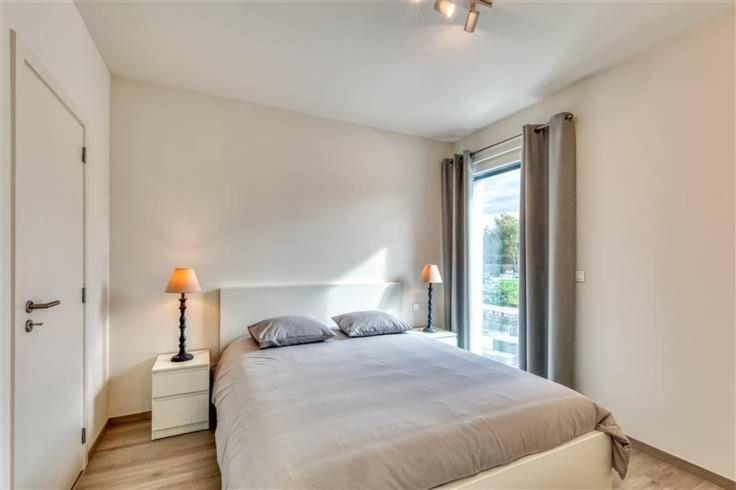 列日Splendide appartement au centre de Liège - Complexe PARADIS EXPRESS的一间卧室设有一张大床和一个大窗户