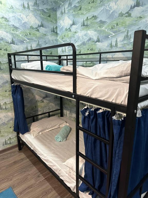 杜尚别Ultra Hostel的配有两张双层床的山景壁画客房