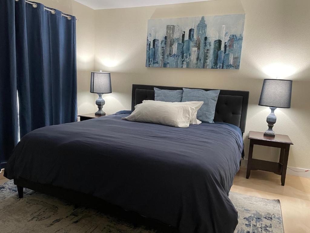 亨德森Newly Remodeled Family Friendly 3B/2B House的一间卧室配有一张带蓝色窗帘的大床
