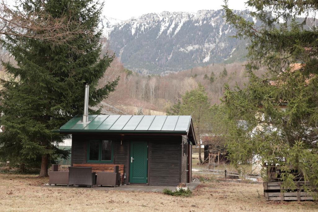 诺因基兴Kleines romantisches Chalet in der Semmering-Rax Region的山间小屋,设有绿门