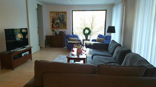 斯德哥尔摩Shared Modern apartment with pets by the waterfront的带沙发和电视的客厅