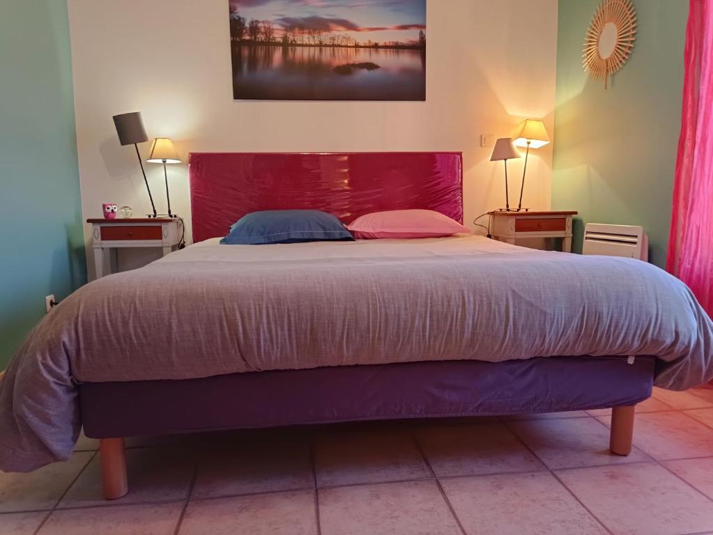 圣保罗三堡Chambres Tricastine & Venise的一间卧室配有一张大床,配有粉色和蓝色的枕头