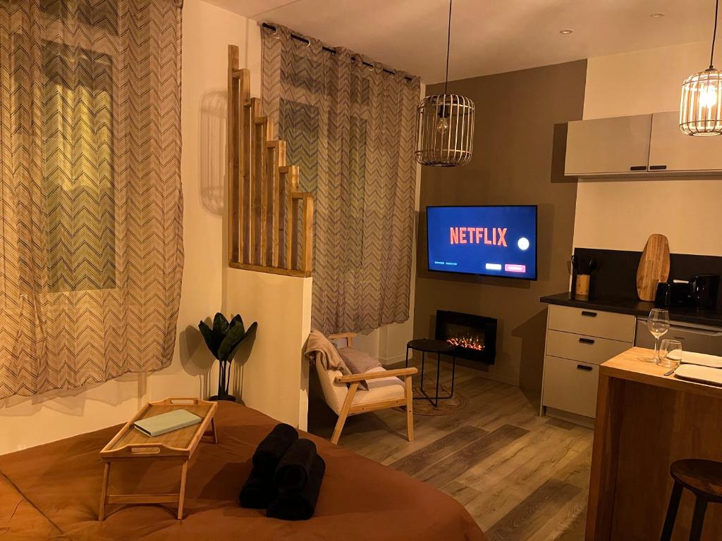 圣艾蒂安SUITE Serenity Room SPA- Balnéothérapie的带沙发和电视的客厅