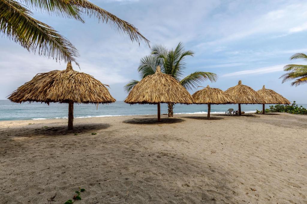 圣玛尔塔CASA DE CAMPO CASTILLETE dentro del PARQUE TAYRONA的海滩上的一帮草伞