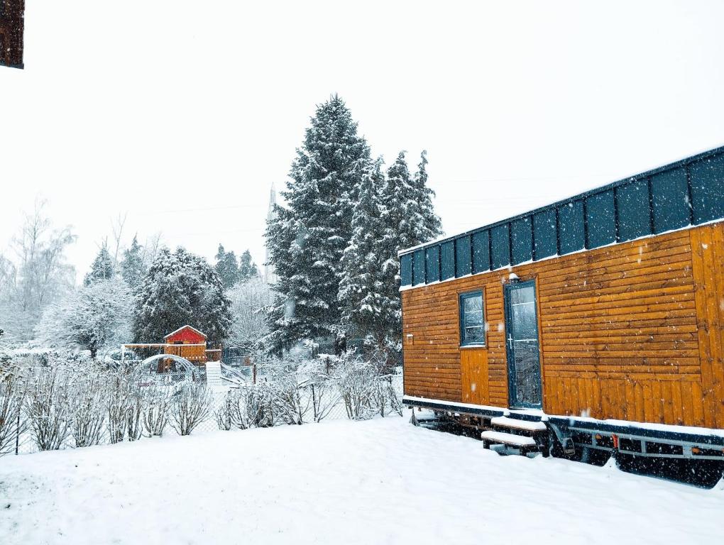 RoxheimTiny House的雪覆盖的田野里的木车