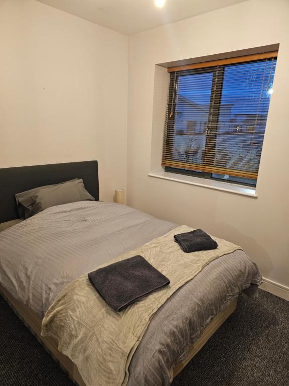 基尔肯尼Cozy 2 Bedroom Apartment的一间卧室配有一张床,上面有两条毛巾