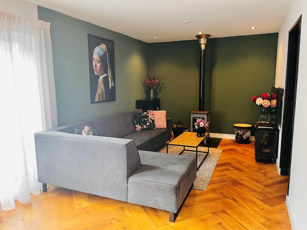 费尔德霍芬Casa Clementine - Boutique Guesthouse的客厅配有灰色沙发和绘画