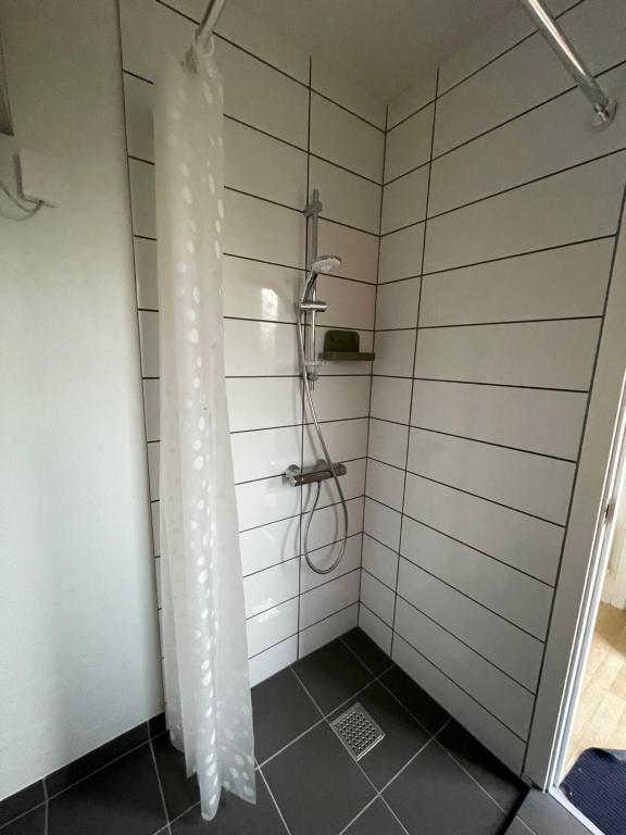 TorrigKragenæsHus的浴室内配有淋浴帘。
