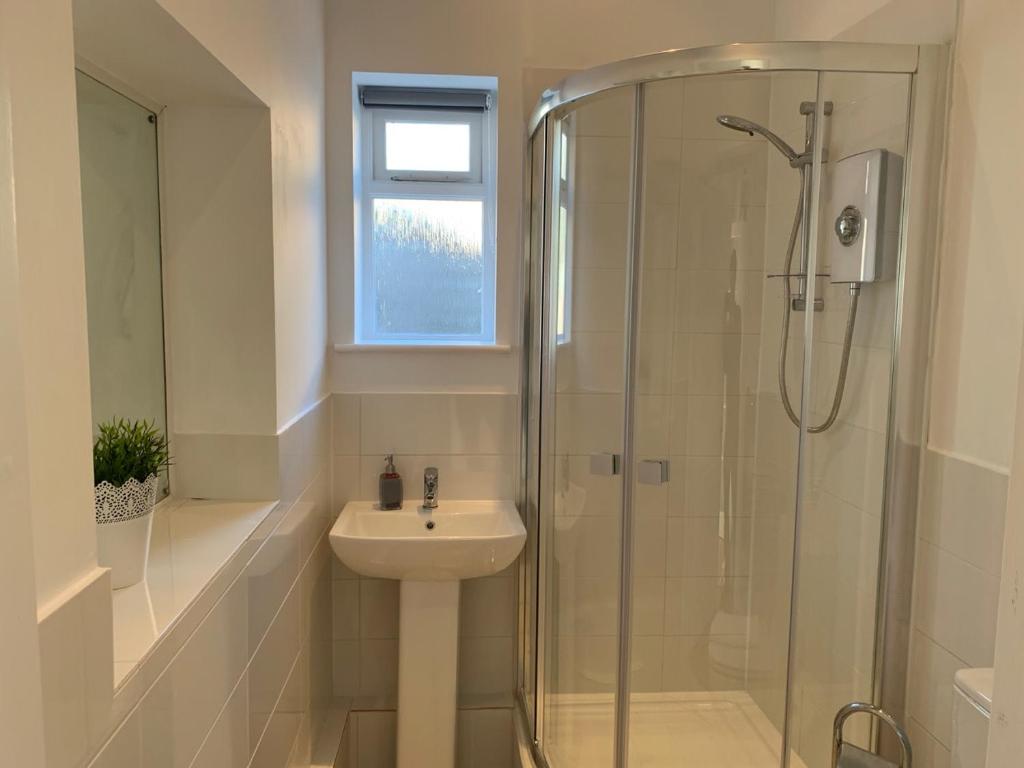 迪德科特Ashbrook Lewis - two bedroom, two bathroom cottage nr Harwell Oxford的带淋浴和盥洗盆的浴室