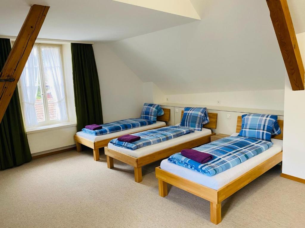 MattenMountain Majesty Residences的带3张床和蓝色枕头的客房