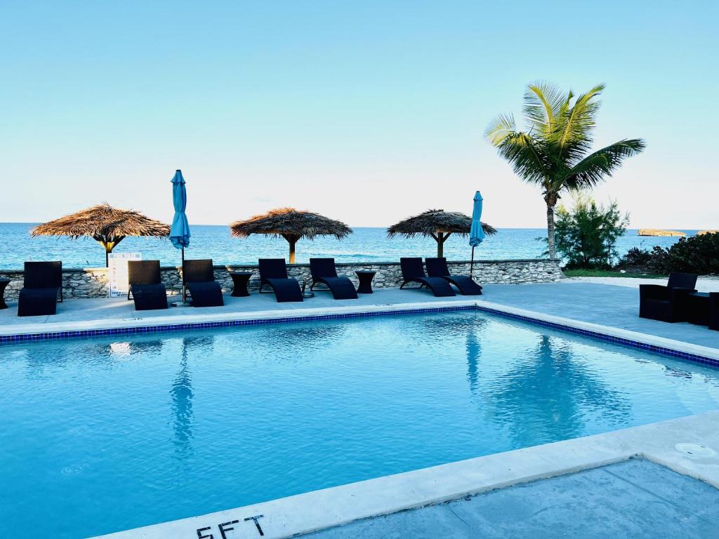 HermitageExuma Palms Resort的一个带椅子和遮阳伞的游泳池以及大海