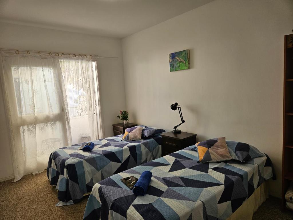 阿雷格里港Espaço Semente Poa Lírio的客房设有两张床和窗户。