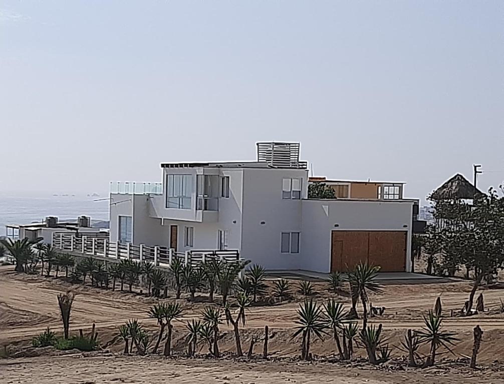蓬塔内格拉CASA DE PLAYA Todo el año的海滩上的房子,前面有棕榈树