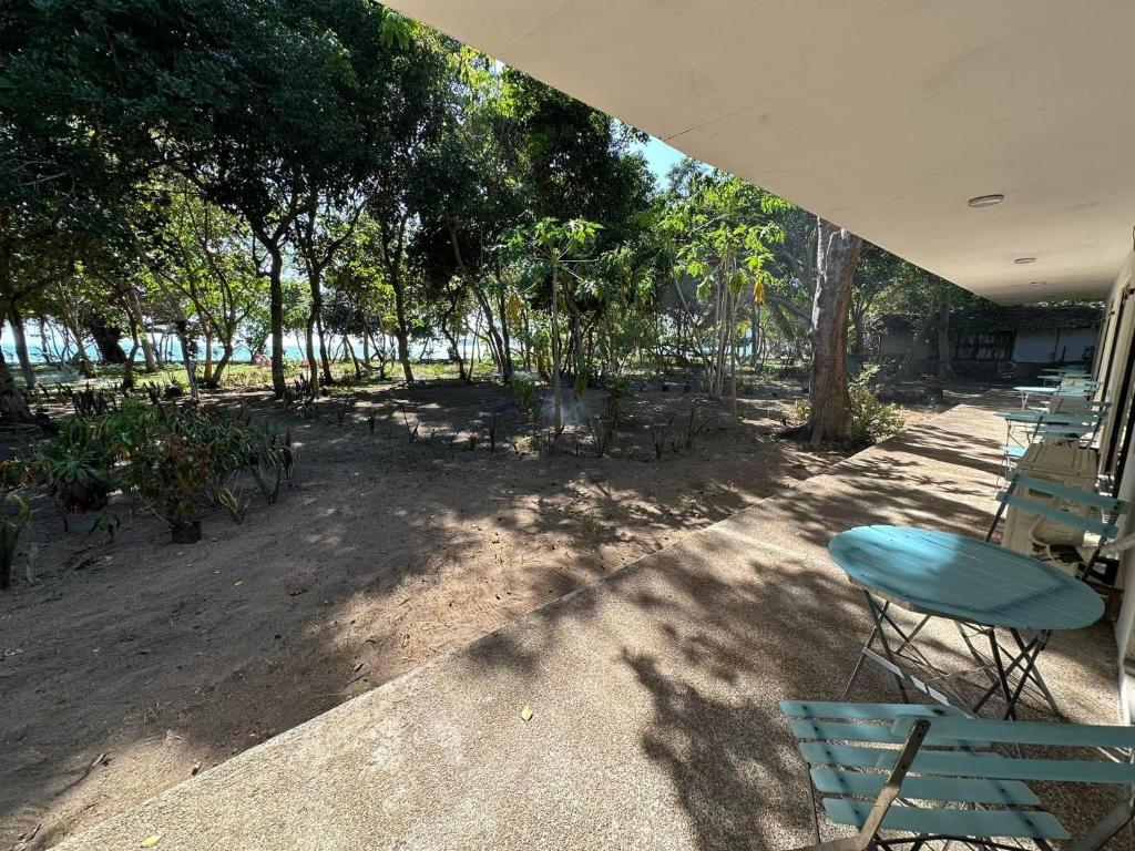 布桑加Magalong Villa at Holy Land in Busuanga的庭院配有桌椅和树木