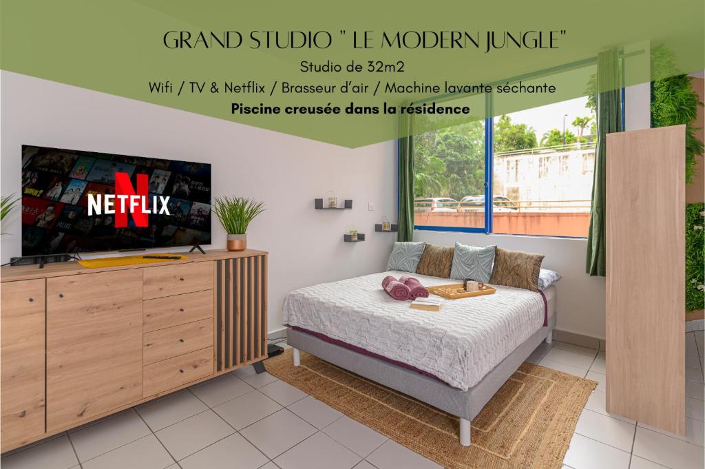 圣丹尼斯Grand Studio Le Modern Jungle - Résidence Les Jacquiers的一张海报,卧室配有一张床和一台电视