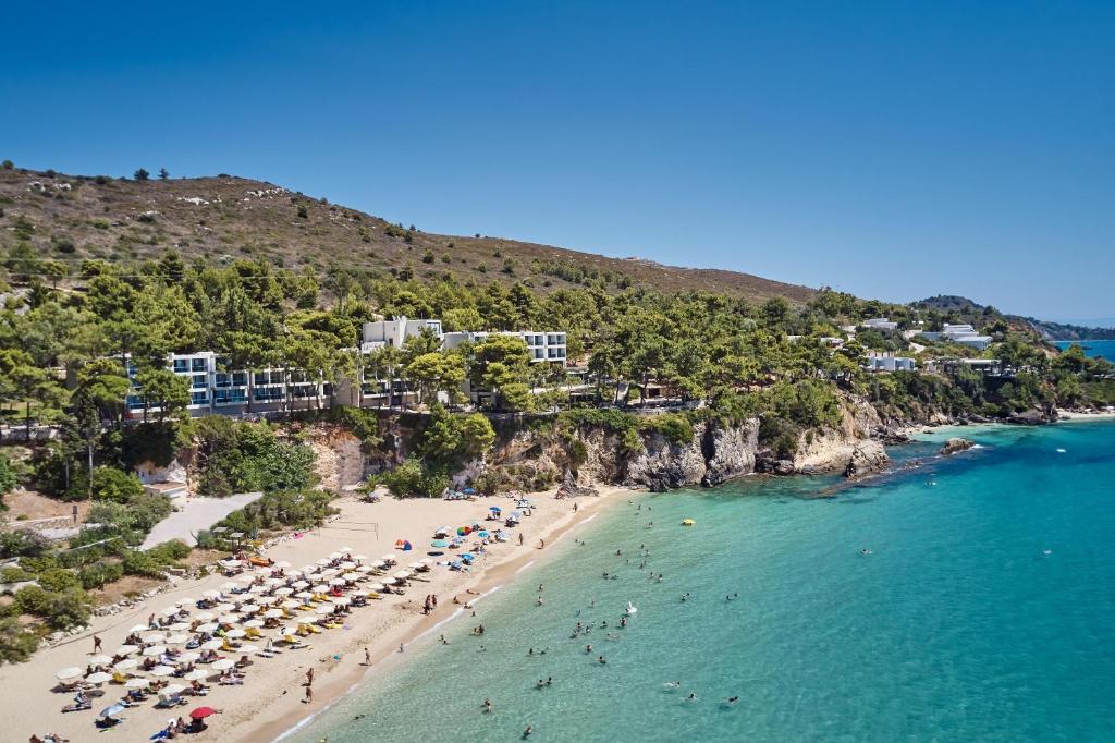 拉瑟White Rocks Hotel Kefalonia的和水中的人一起欣赏海滩的空中景色