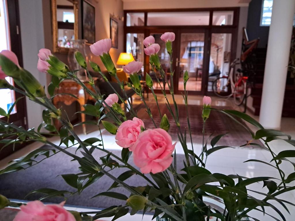 波兹南斯塔勒米亚斯托老城酒店的花瓶里满是粉红色的花朵